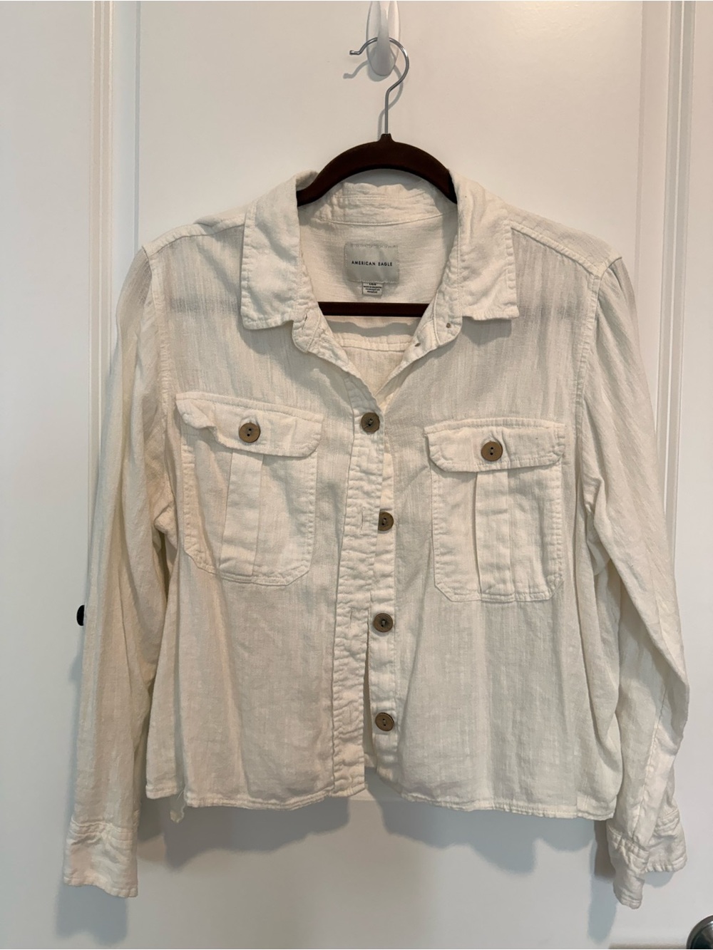 American Eagle Cream Button-Front Utility Shirt